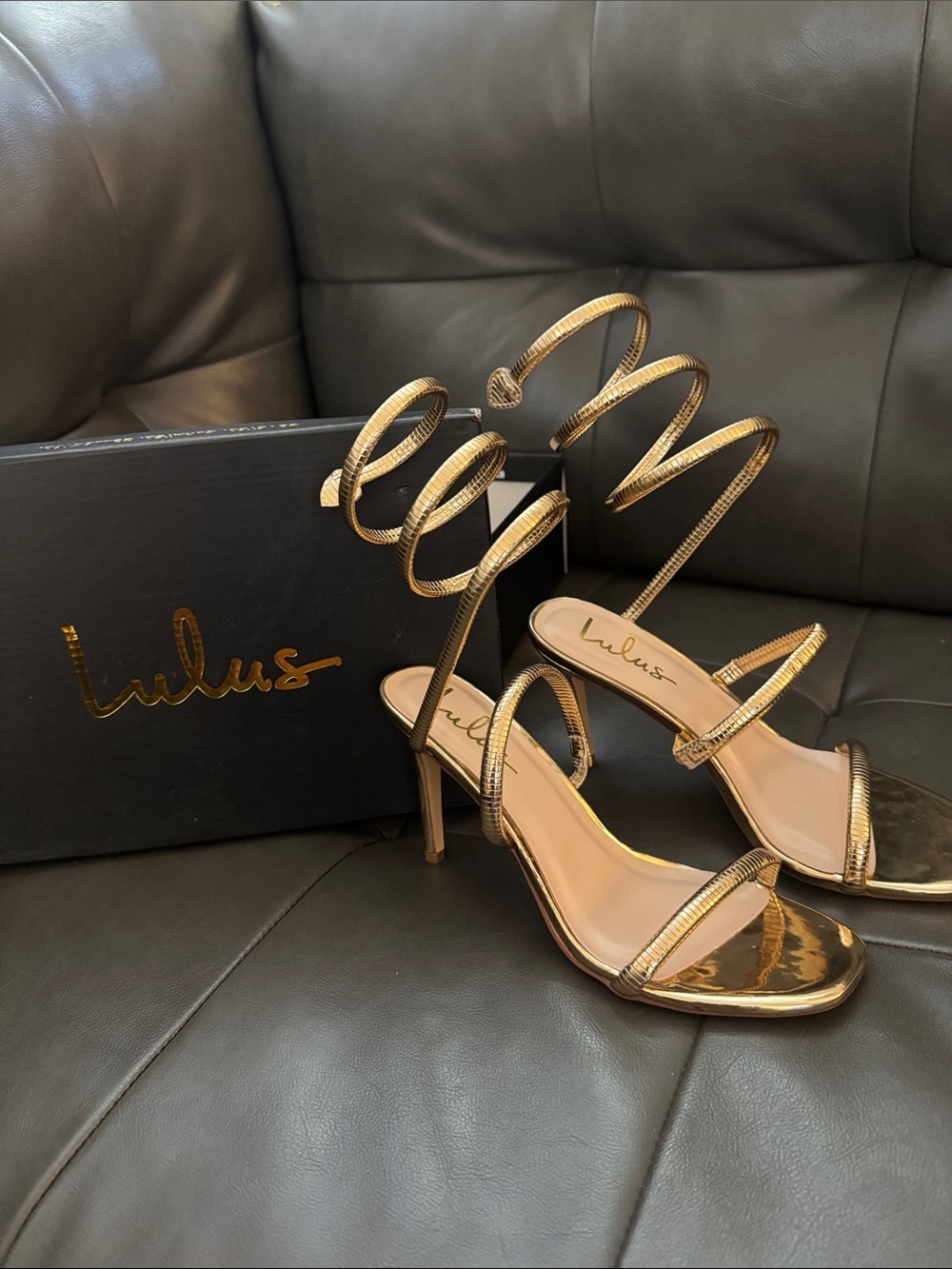 Lulu's Metallic Gold Spiral-Ankle Stiletto Sandals